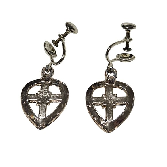 Vintage Faux Pearl Heart Shaped Cross Screw Back Earrings Religious Jewelry - Picture 4 of 6
